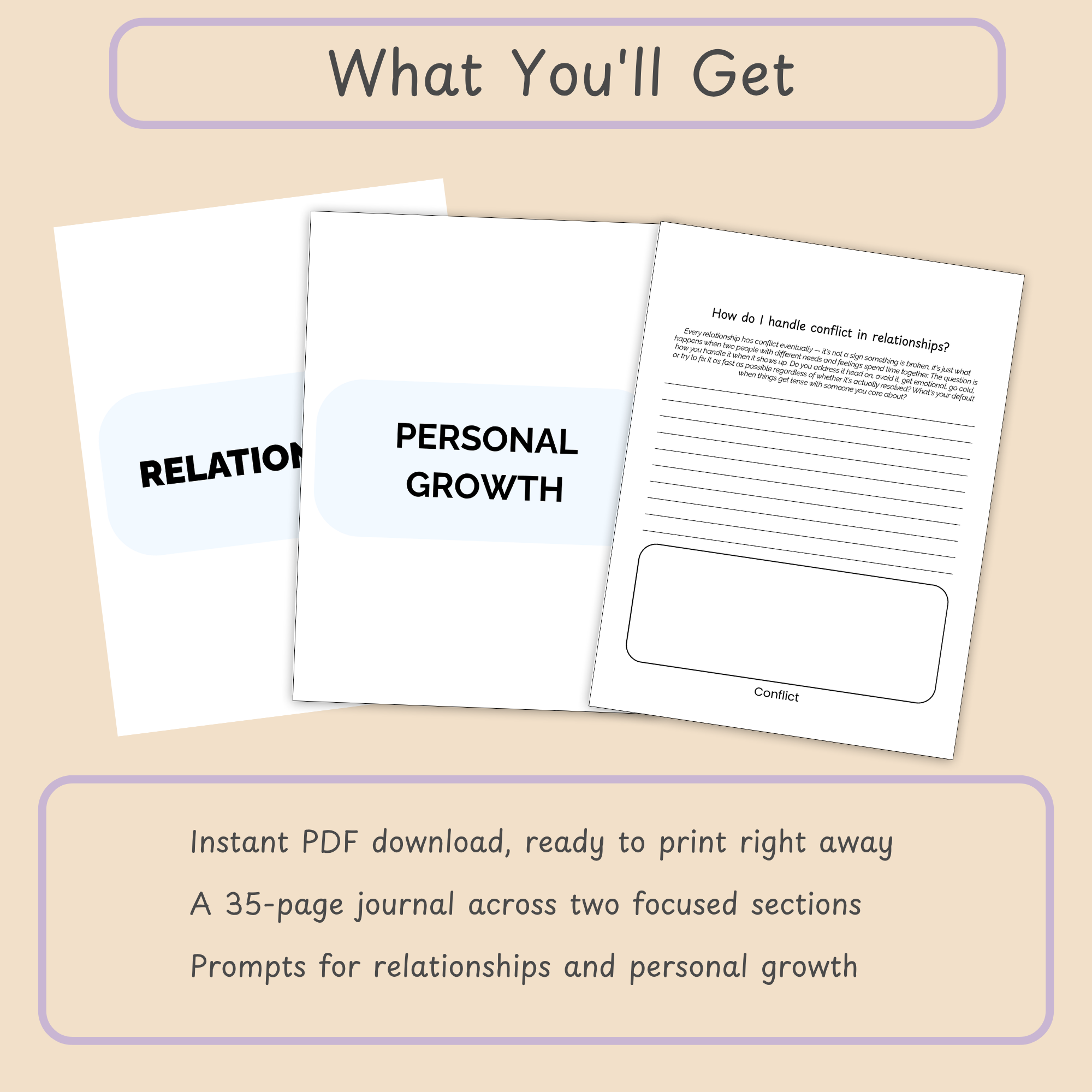Slide listing what's included: 30 guided prompts split across a Relationships section and a Personal Growth section, plus letter-size PDF details.