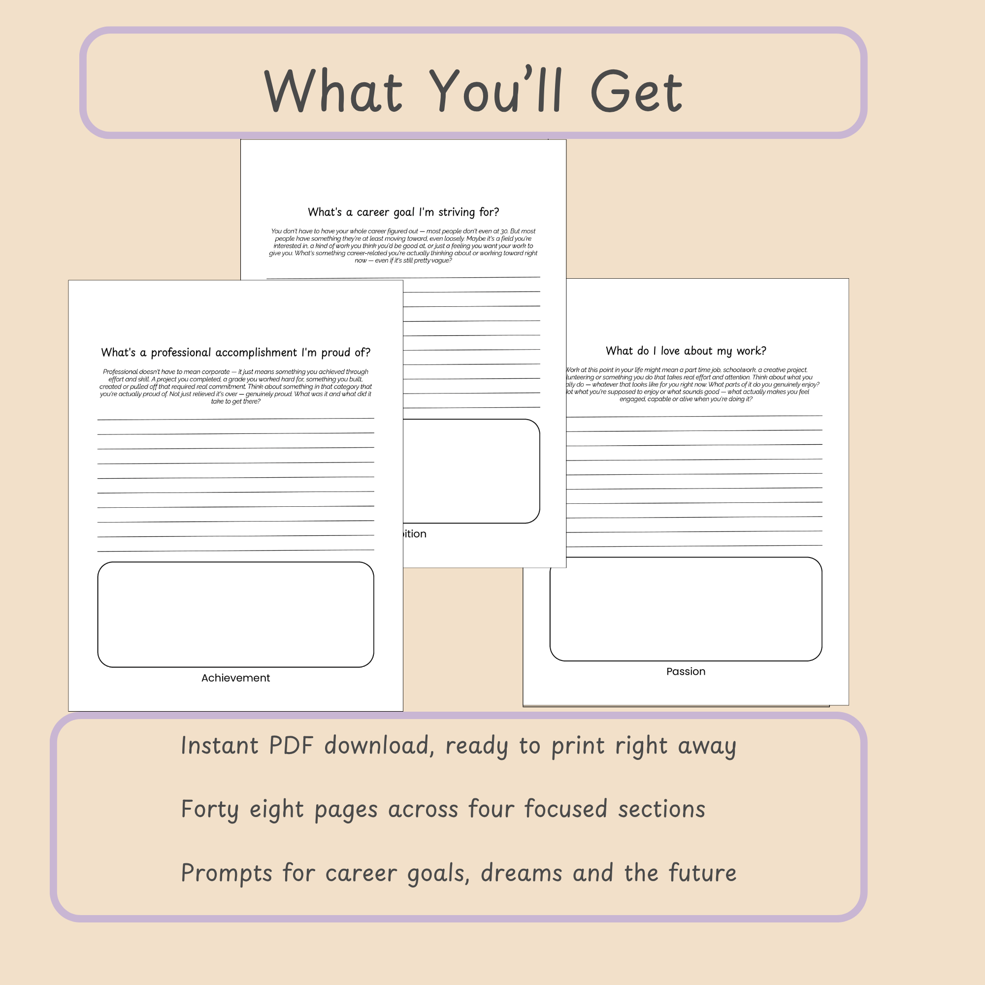 Slide listing what's included: 41 guided prompts split across four sections, plus letter-size PDF details.