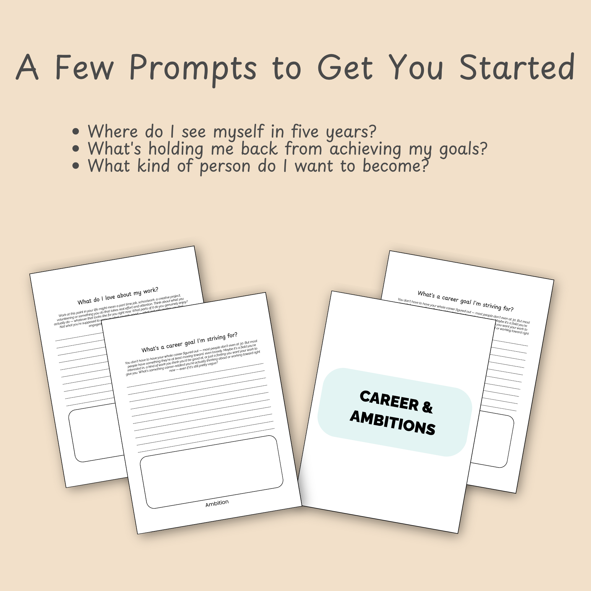 Slide showcasing five sample prompts from the book, framed as a highlight reel of the questions inside.