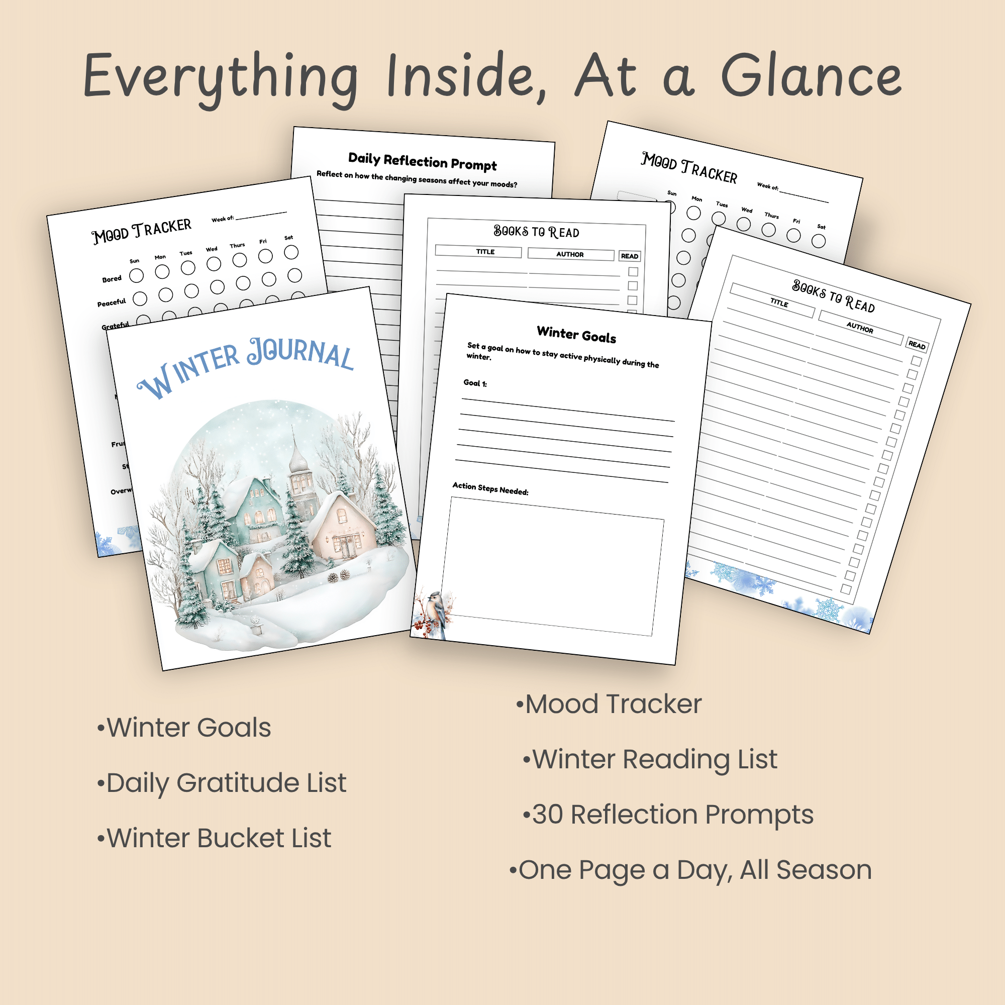 Mockup slide summarizing all Winter Journal sections at a glance — goals, mood tracker, gratitude, reading list, bucket list, and reflection prompts.