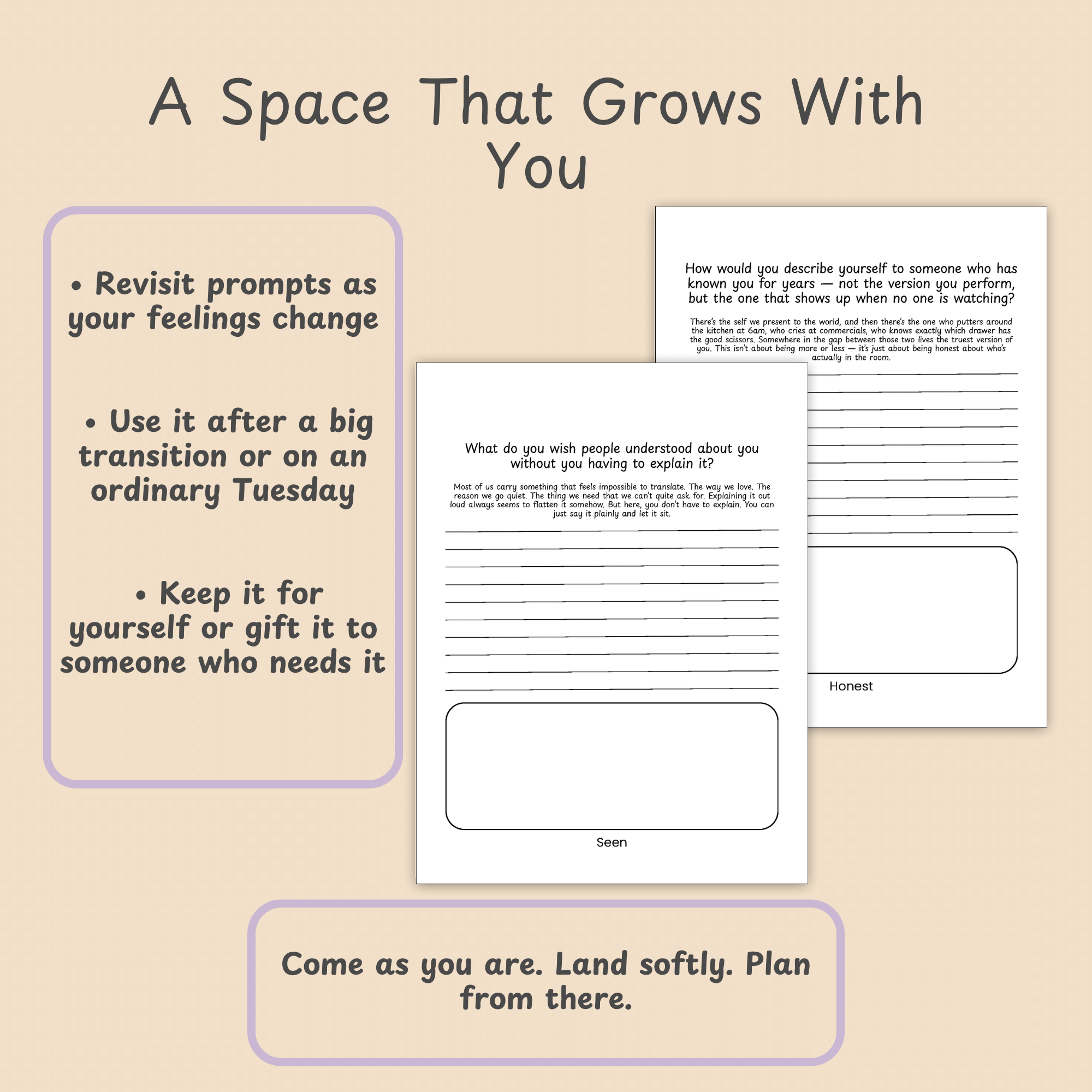 Two grids of card-style mockups beside a bulleted list under the heading A Space That Grows With You, with the brand tagline "Come as you are. Land softly. Plan from there." in a rounded text box below.