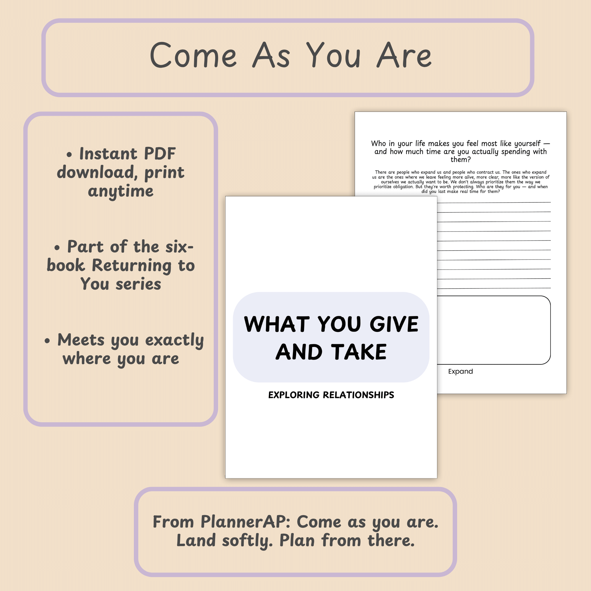 Closing brand slide with the PlannerAP tagline and journal mockups, inviting readers to browse the rest of the Returning to You series.
