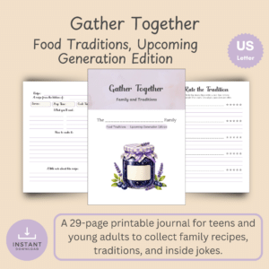 Cover mockup of the Gather Together Food Traditions Upcoming Generation Edition printable recipe journal for teens with lavender jam jar watercolor art