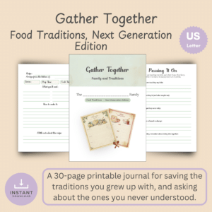Cover mockup of the Gather Together Food Traditions Next Generation Edition printable journal with sage watercolor recipe card art, US Letter, instant download