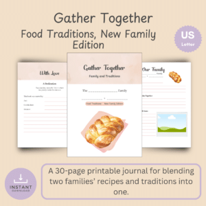 Cover mockup of the Gather Together Food Traditions New Family Edition newlywed family recipe journal with blush watercolor braided bread art