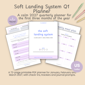 Cover slide for the 2027 Soft Landing System Q1 quarterly planner, a 72-page printable PDF for January, February and March, shown with sample planner pages.