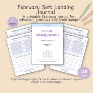 Cover slide for the February 2027 Soft Landing Journal, a printable monthly journal with 28 daily prompts.