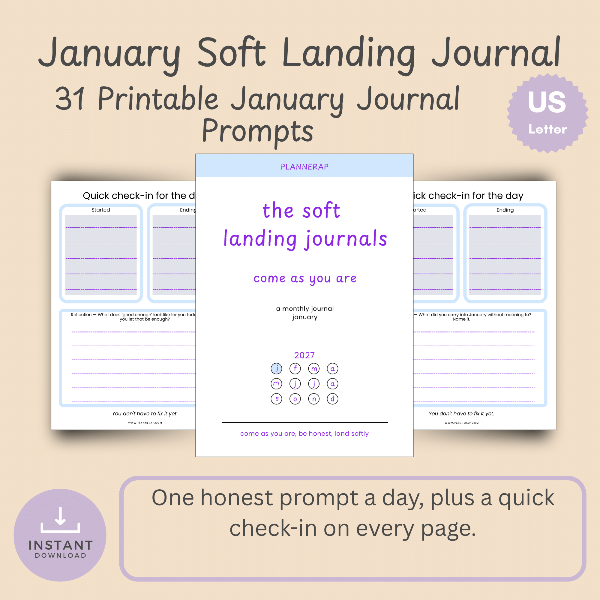 Cover slide for the January 2027 Soft Landing Journal, a printable monthly journal with 31 daily prompts.
