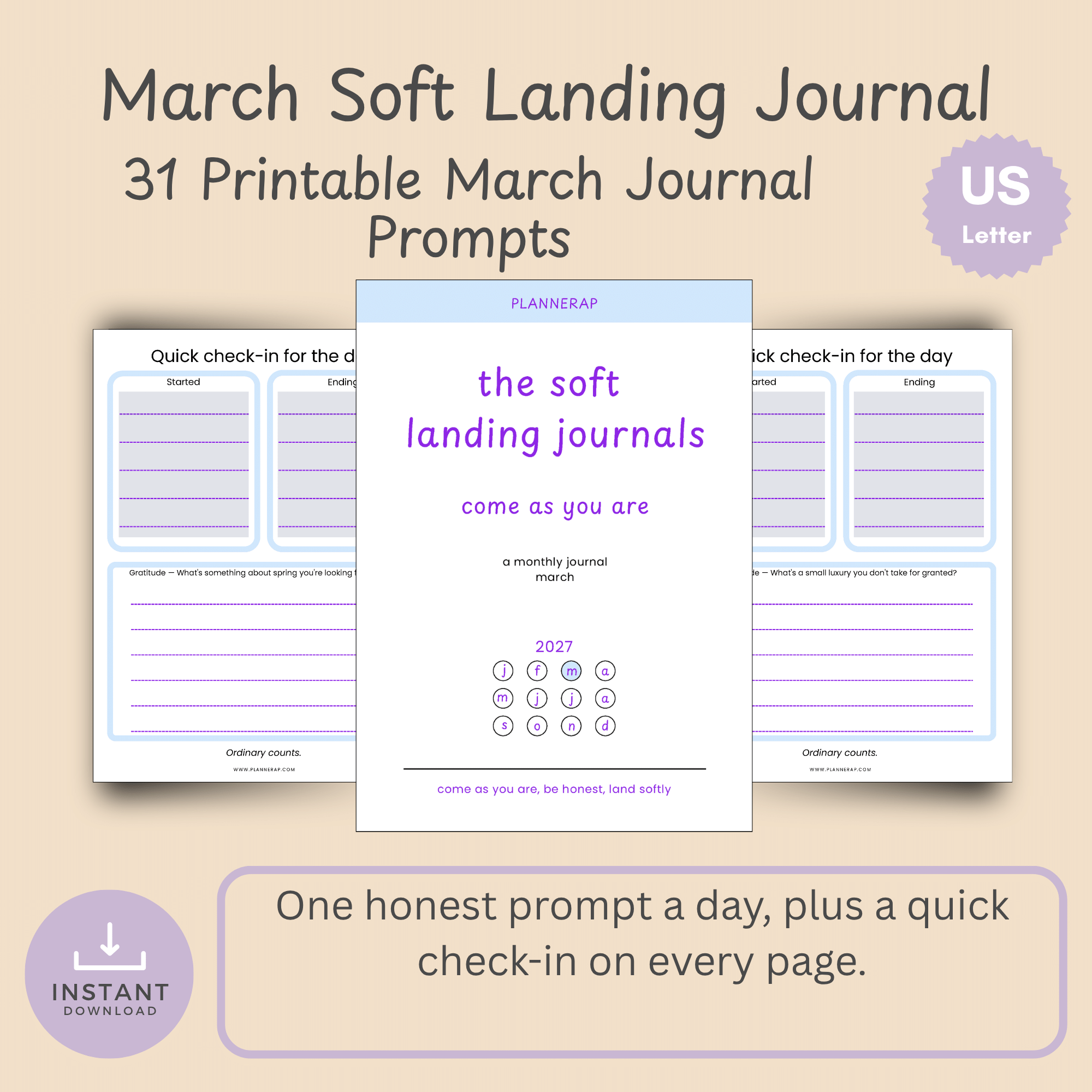 Cover slide for the March 2027 Soft Landing Journal, a printable monthly journal with 31 daily prompts.