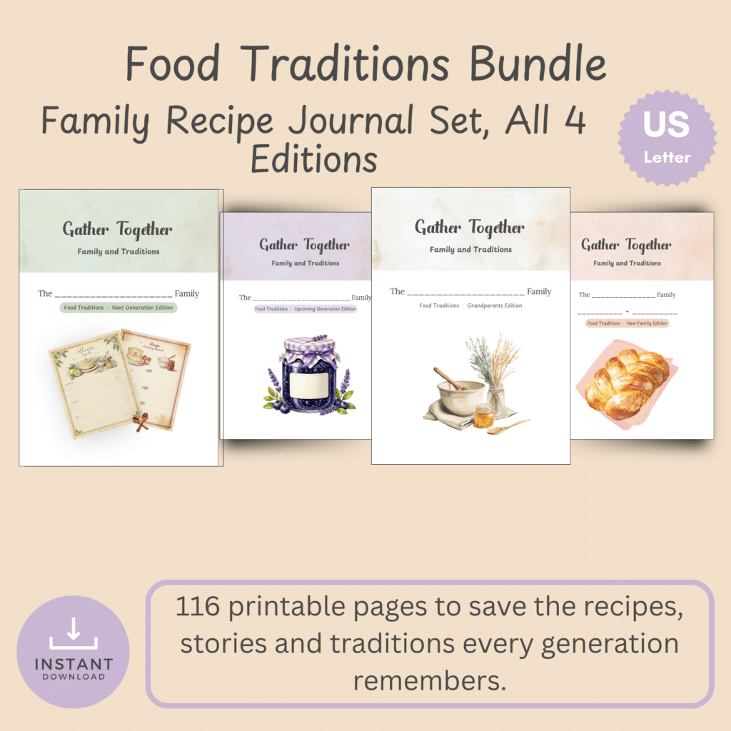 Cover slide for the Gather Together Food Traditions bundle, a family recipe journal set with four printable editions.