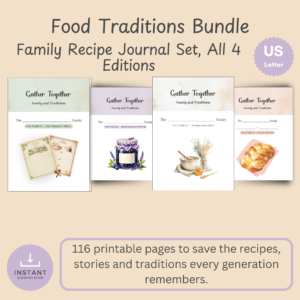 Cover slide for the Gather Together Food Traditions bundle, a family recipe journal set with four printable editions.