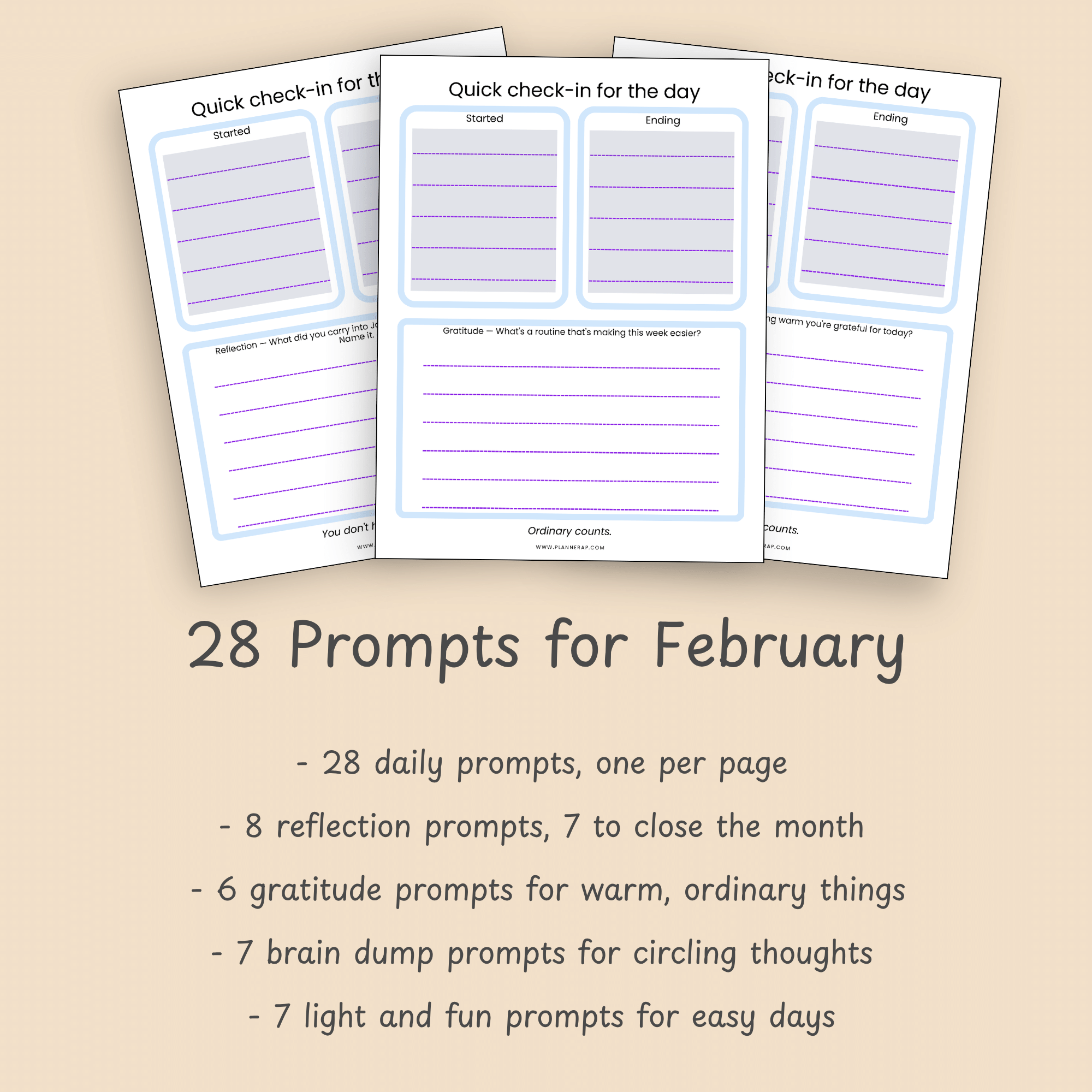 Slide listing what is inside the February journal: 28 prompts, four prompt types and a quick check-in on every page.