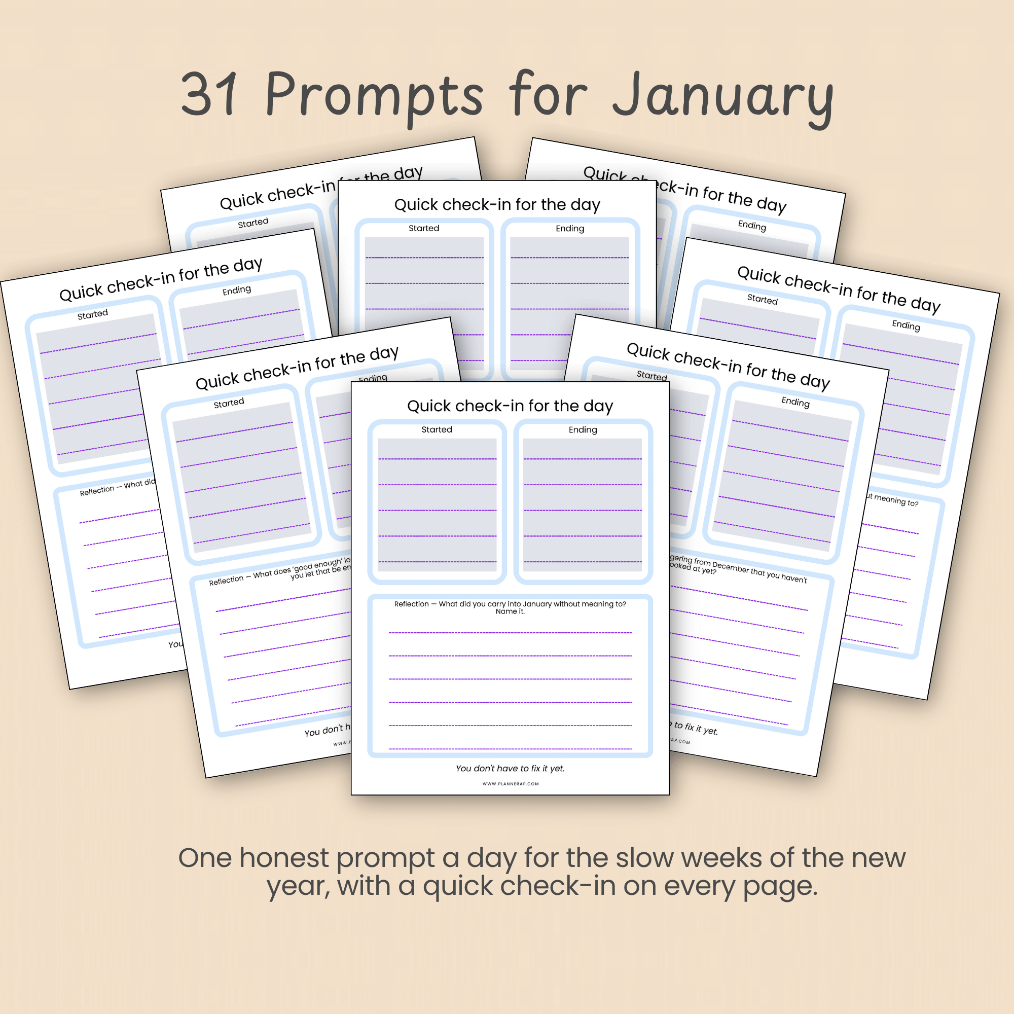 Slide showing sample January prompt pages and describing the 31 daily prompts in the journal.
