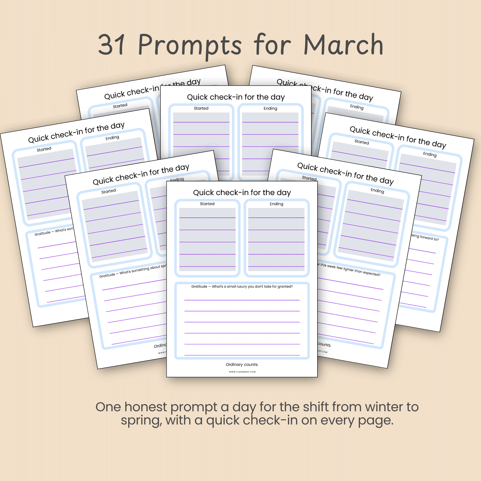 Slide showing sample March prompt pages and describing the 31 daily prompts in the journal.