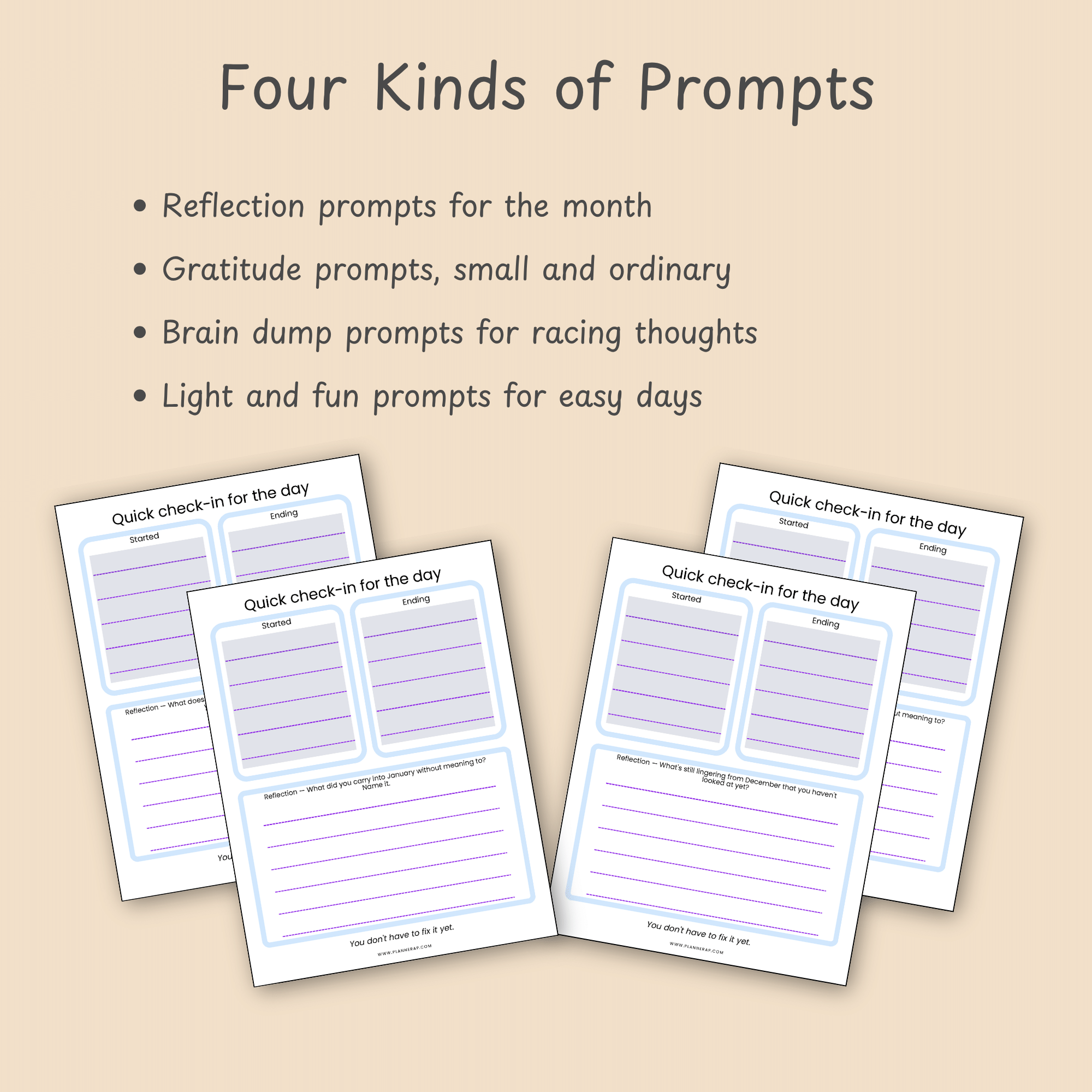 Slide listing the four prompt types in the January journal: reflection, gratitude, brain dump and light and fun.