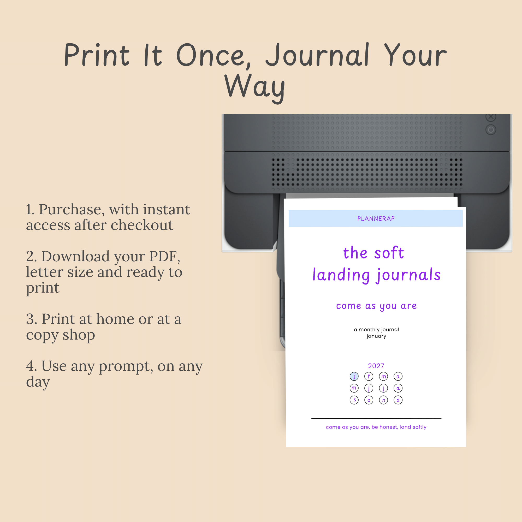 Four-step slide showing how to purchase, download, print and use the January journal.