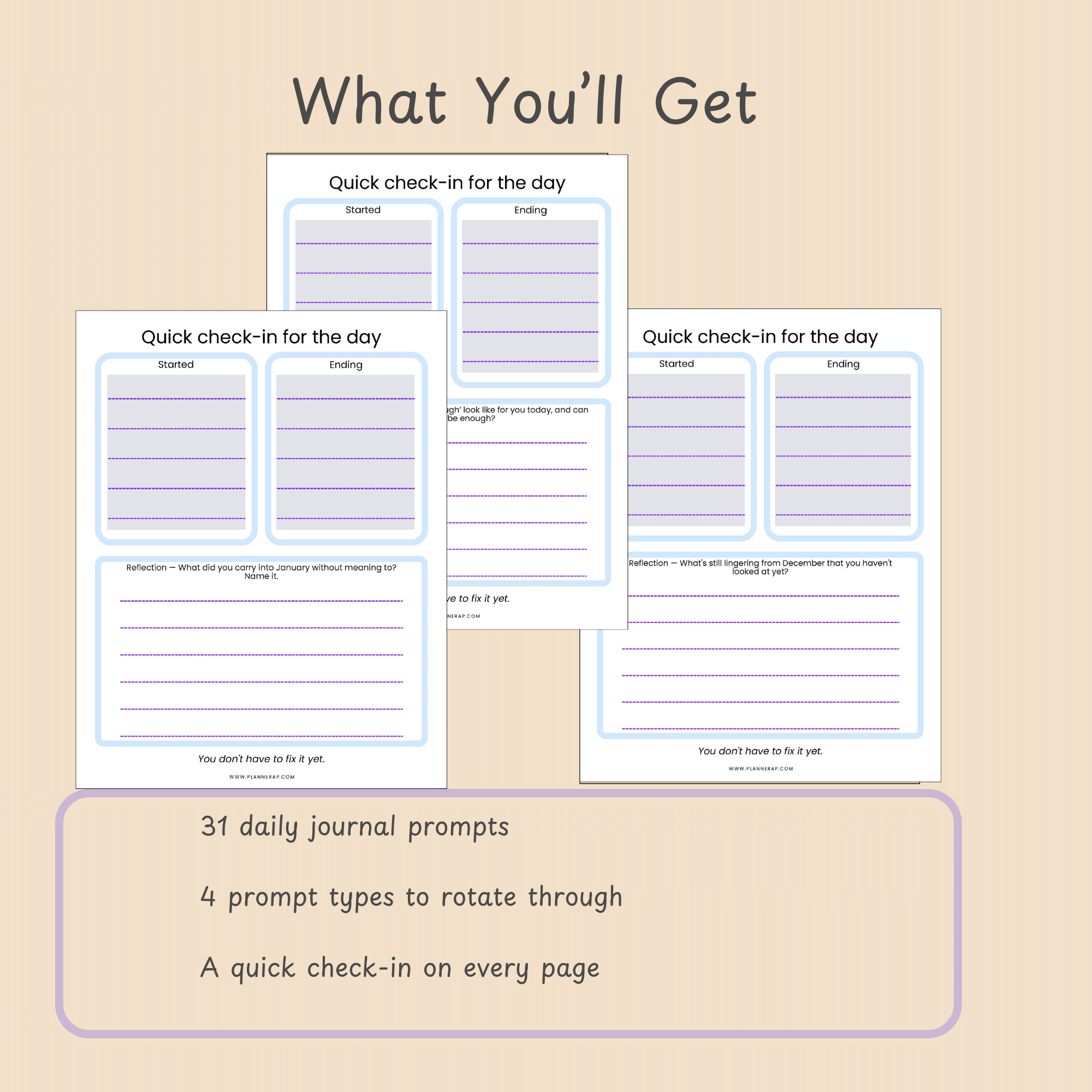 Slide listing what comes with the January journal: 31 prompts, a quick check-in on every page and US Letter format.