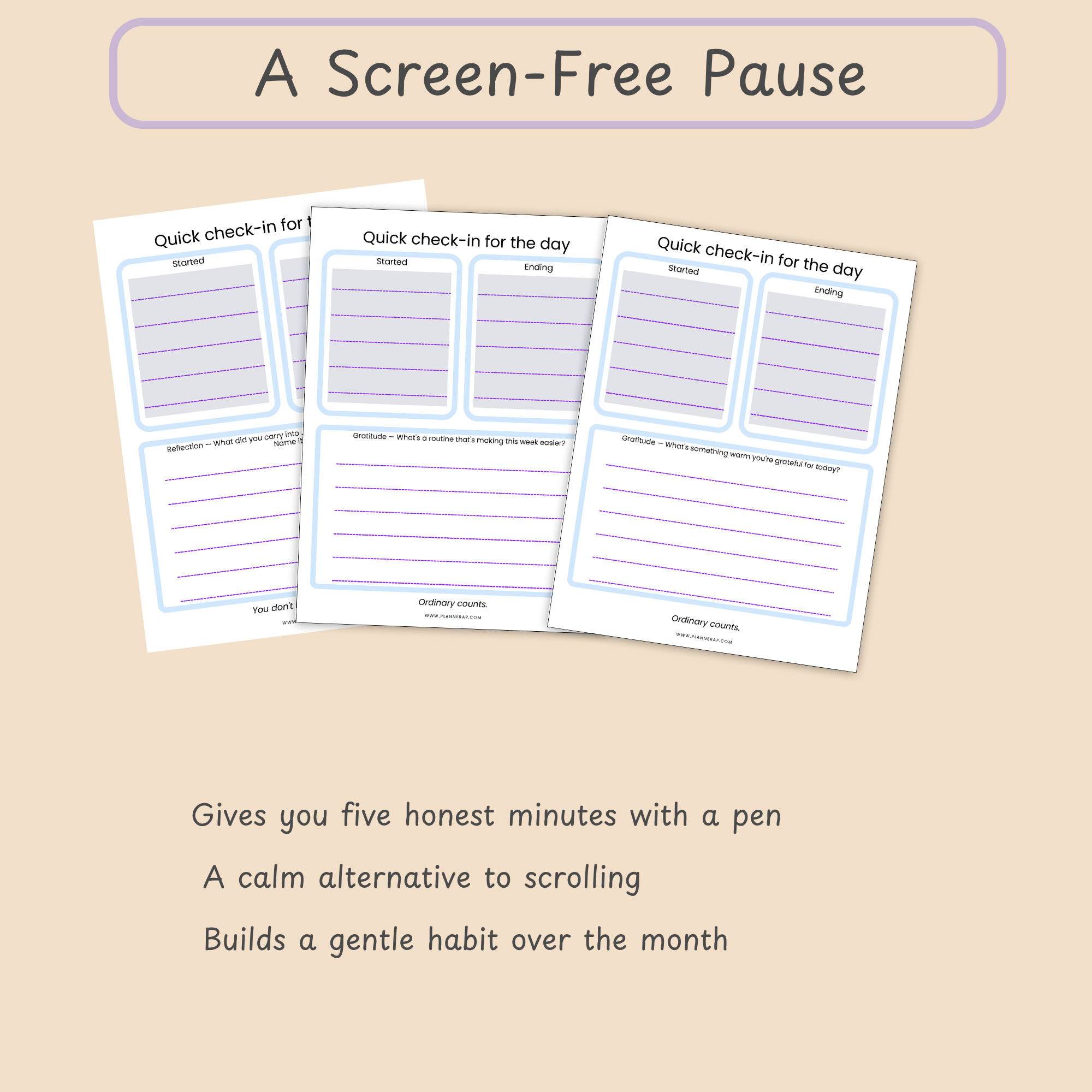 Slide with three bullets on how the journal offers a screen-free pause in a busy day.