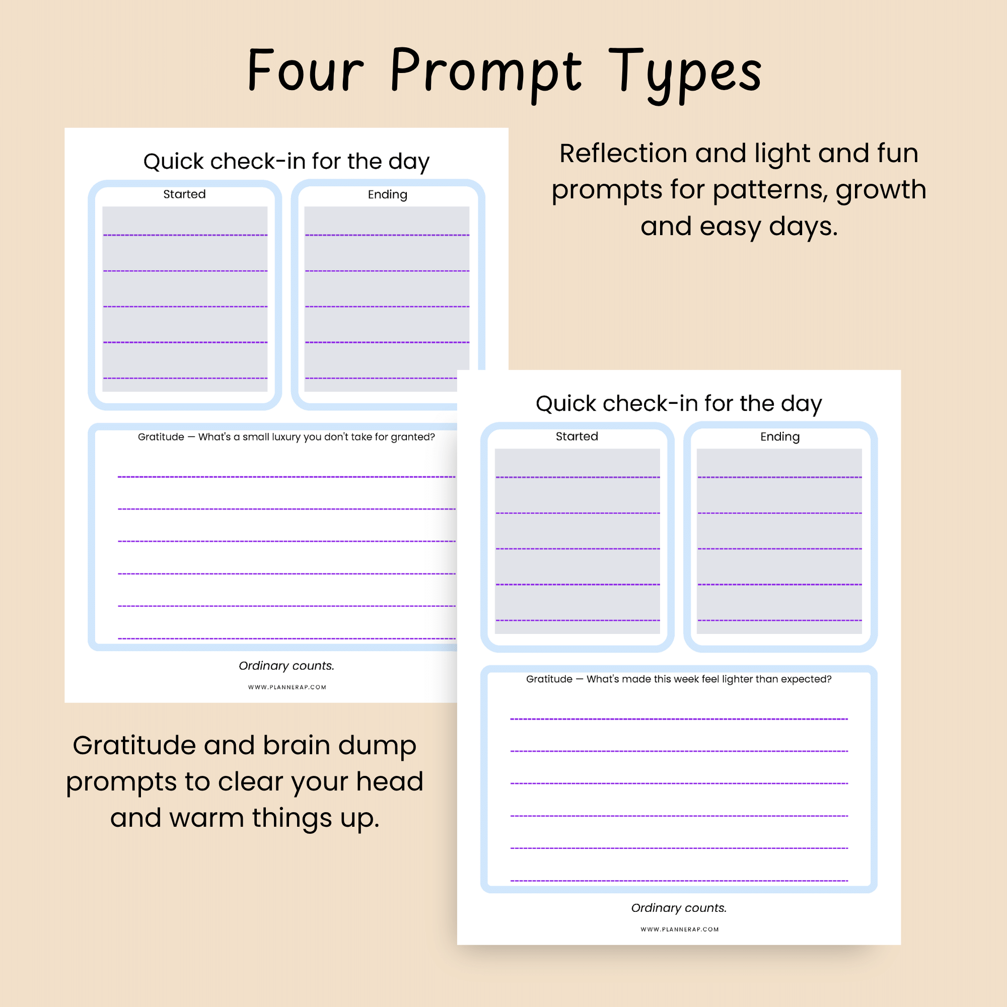 Slide describing the four prompt types in the March journal: gratitude, brain dump, light and fun, and reflection.